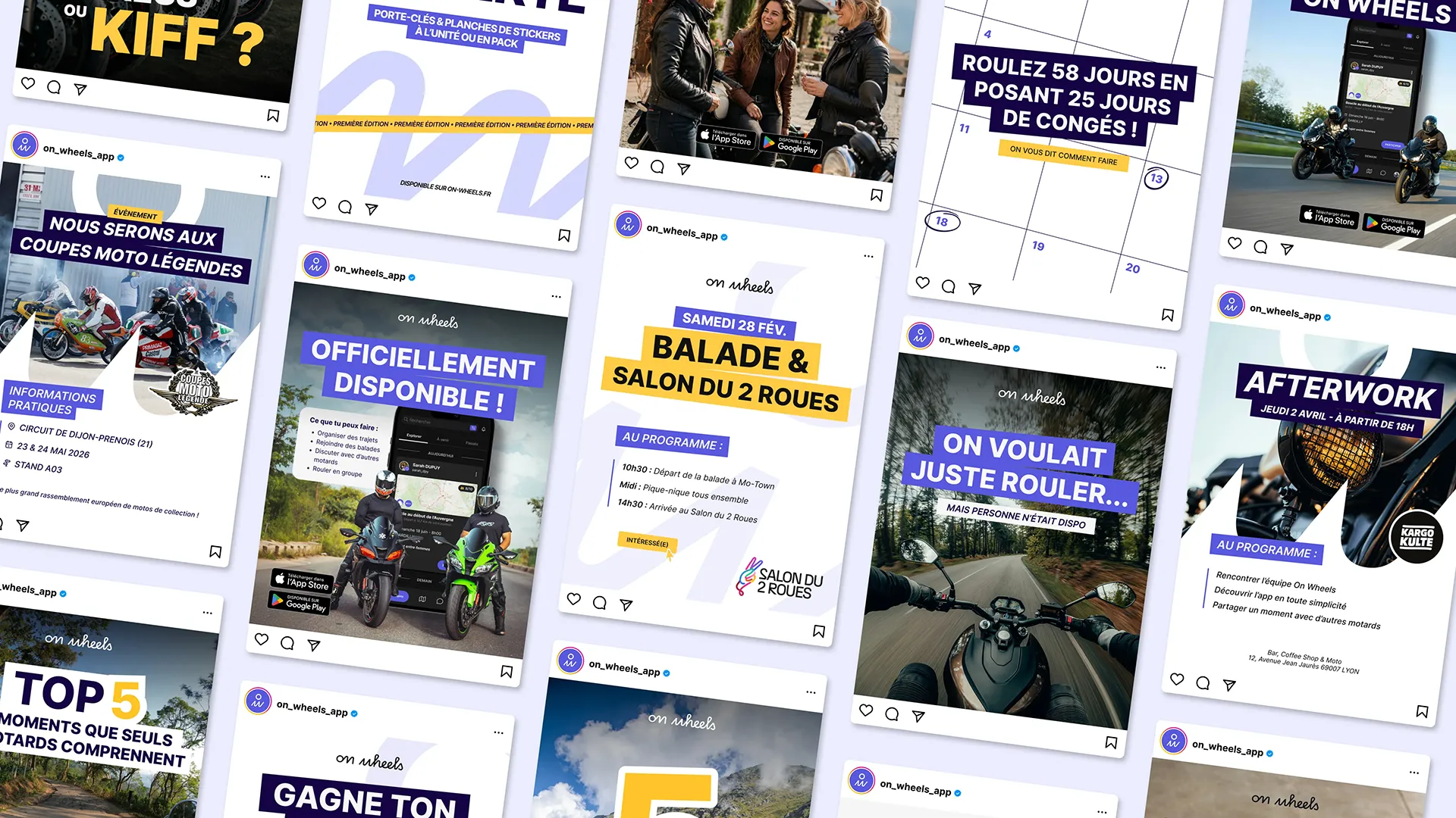 Mockup de publications Instagram On Wheels présentant l’univers graphique, les événements et les contenus de communication de l’application.